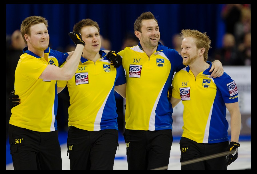 Sweden curling skip Niklas Edin Third Sebastian Kraupp Second Fredrik Lindberg and Lead Viktor Kjäll