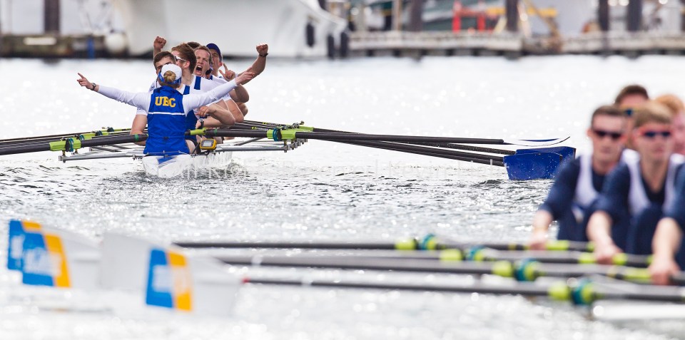 University of British Columbia UBC reserve Mens rowing crew vs the University of Victoria Uvic Mens reserve rowing crew in the 2014 Brown Cup challenge duel race.