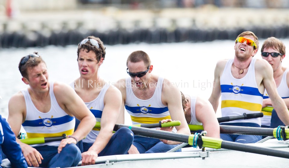 University of British Columbia UBC varsity Mens rowing crew beat the University of Victoria Uvic Mens varsity rowing crew in the 2014 Brown Cup challenge duel race.