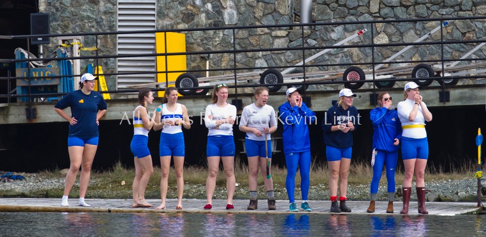 University of British Columbia UBC reserve Womens rowing crew vs the University of Victoria Uvic Women's reserve rowing crew in the 2014 Brown Cup challenge duel race.