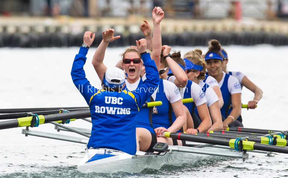 University of British Columbia UBC varsity Womens rowing crew beat the University of Victoria Uvic womens varsity rowing crew in the 2014 Brown Cup challenge duel race.