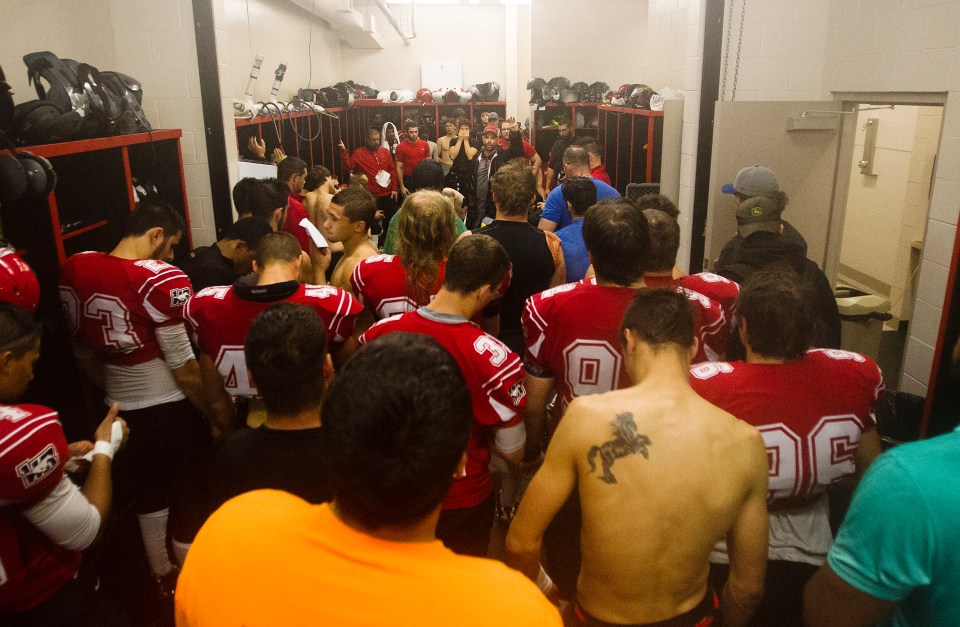 Westshore Rebels Head Coach JC Boise talks to his team following a tight 37-36 loss to the Kamloops Broncos at Westhills Stadium in Langford B.C. on Saturday August 29, 2015.