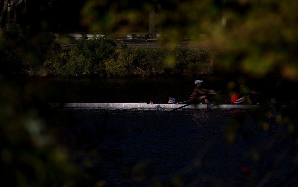 A coxed four goes for a training row the day before the start of the Head of the Charles rowing regatta in Boston, Massachusetts on October 16th 2015.