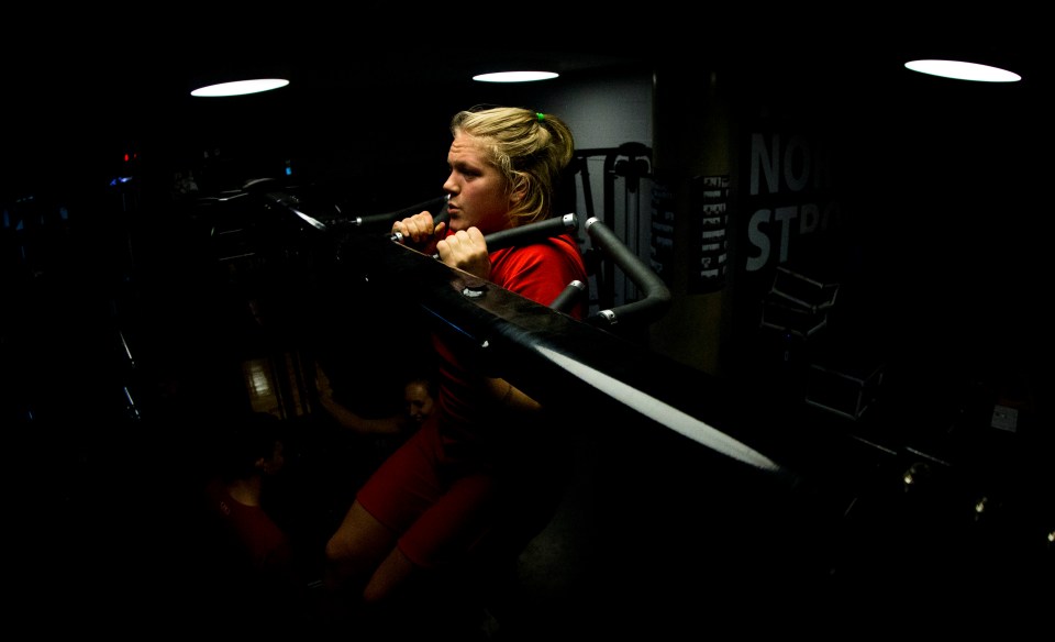 Sara Kaljuvee completed a series of chin-ups during a team weight training practice at the Pacific Institute for Sports Excellence in Victoria, British Columbia Canada on January 25, 2016. (Kevin Light/CBCSports)