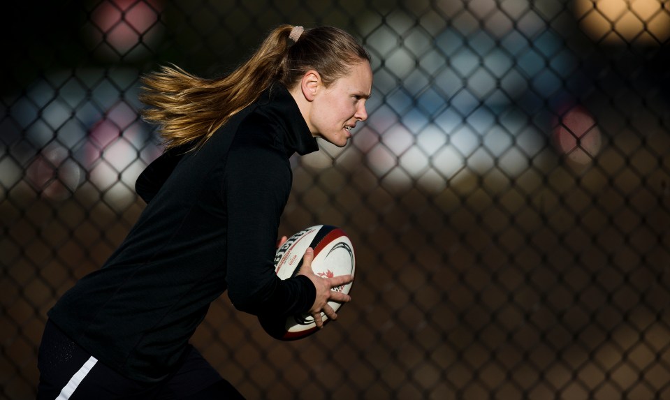 Karen Paquin runs with the ball during a team practice at the Pacific Institute for Sports Excellence in Victoria, British Columbia Canada on January 25, 2016. (Kevin Light/CBCSports)