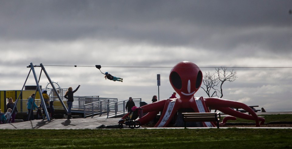young girl rides a zip line at Cadboro-Gyro park Kevin Light Photo
