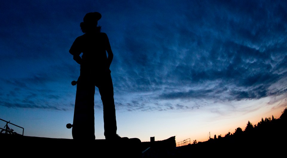 Ryan Harrison rides a skateboard in Sidney B.C., Canada on April 27, 2016.