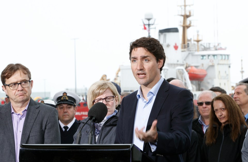 Canada's Prime Minister Justin Trudeau, takes questions from the media following his meeting with Canadian coast guard workers aboard the Sir Wilfrid Laurier in Victoria