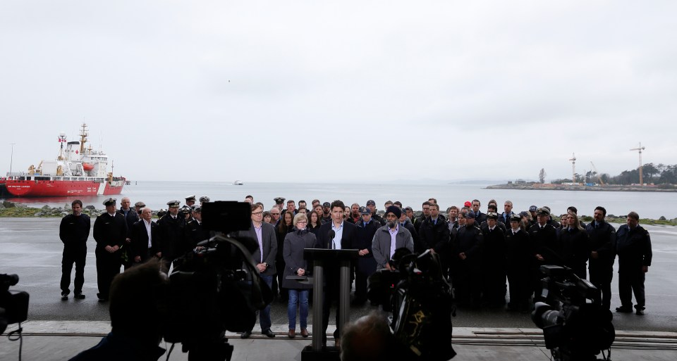Canada's Prime Minister Justin Trudeau, takes questions from the media following his meeting with Canadian coast guard workers aboard the Sir Wilfrid Laurier in Victoria